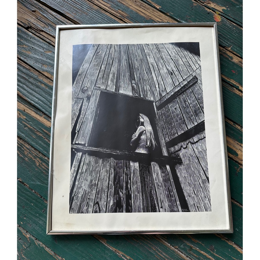 Vintage Black and White Barn Window Woman Art Print Framed 16x20 MCM Style